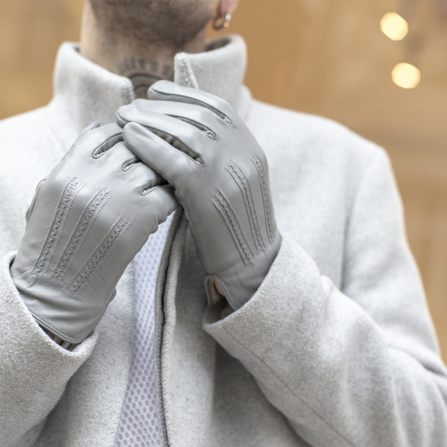 Men's Leather Gloves Light Grey Shadow with stitching Men's Leather Gloves Light Grey Shadow with stitching